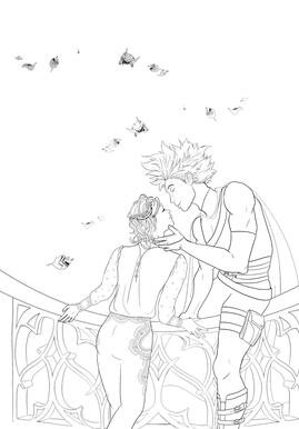 Lineart, full body, 2 characters, detail work (railing). $55